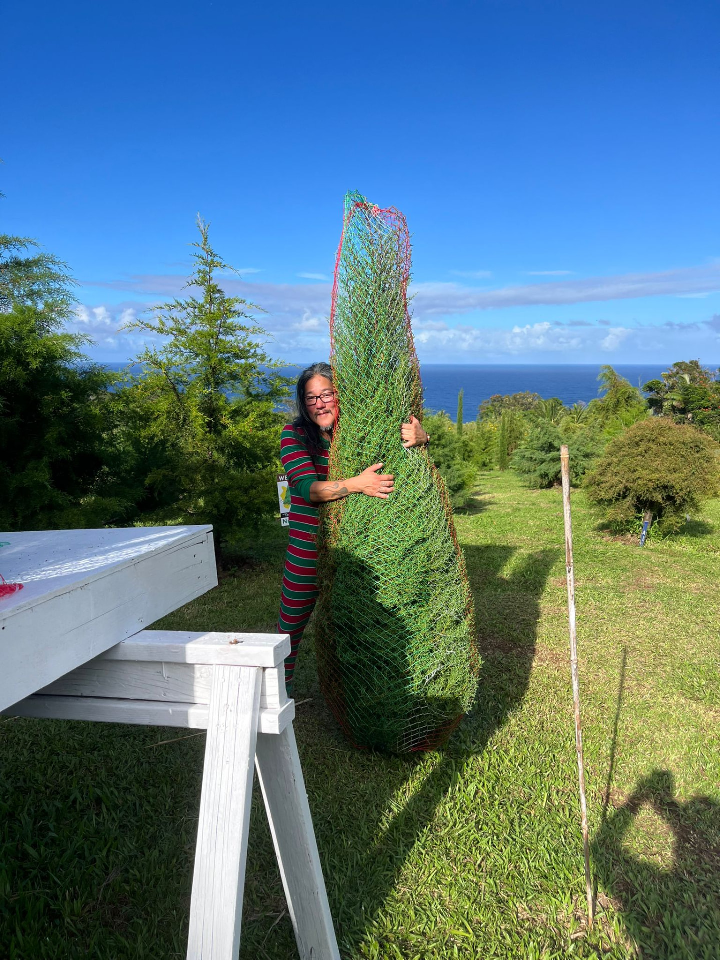 Customer in holiday pajamas carrying his netted Christmas tree home from the farm